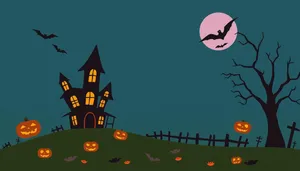 Spooky Halloween night: Moonlit cemetery silhouette art.