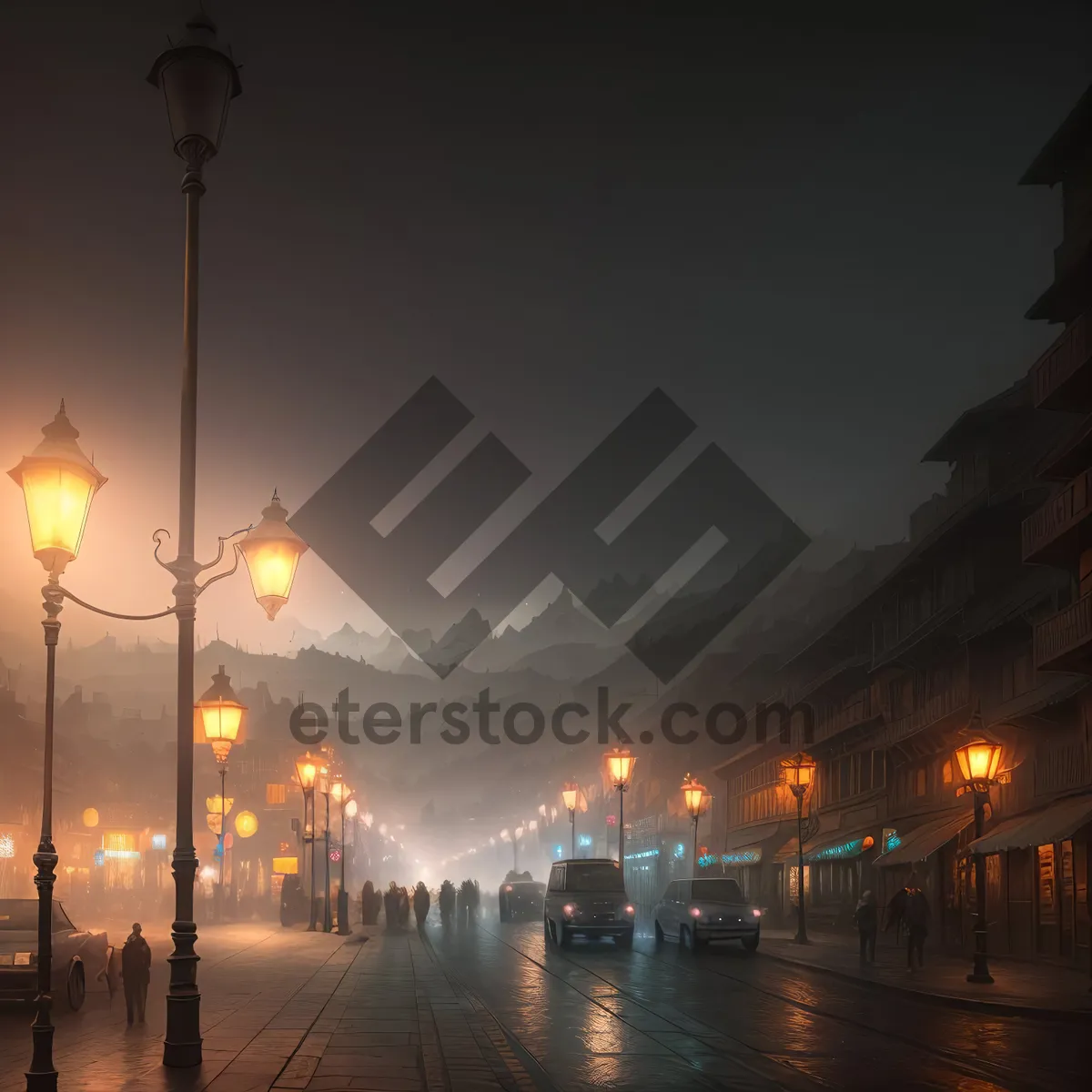 Picture of Nighttime Cityscape with Glowing Bridge and Reflective Waters