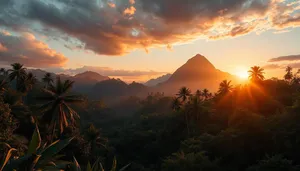 Orange sunset over mountain landscape with volcano silhouette