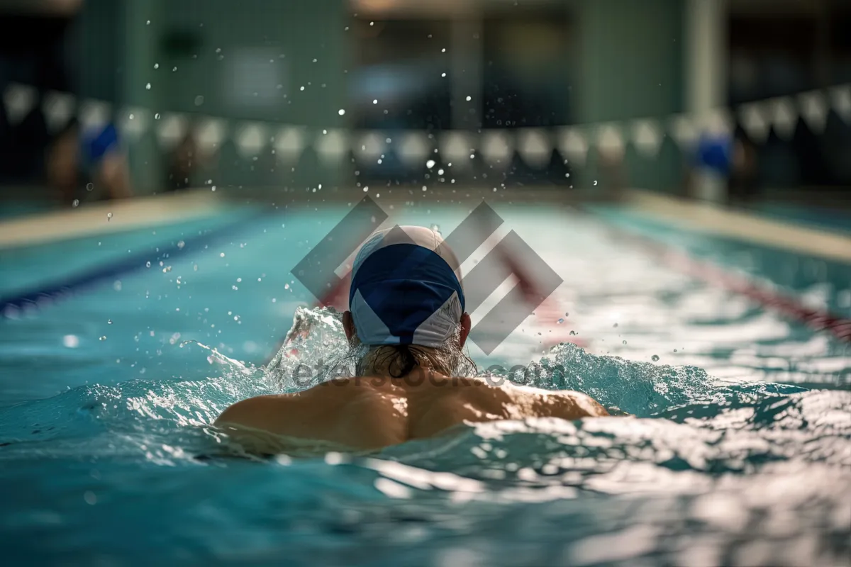 Picture of Attractive swimmer in bikini and cap relaxing by pool