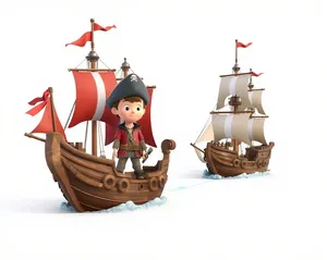 Pirate cartoon character with sword and treasure chest