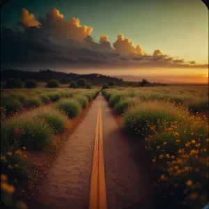 Golden Horizon: Sun-kissed Rural Landscape with Asphalt Road