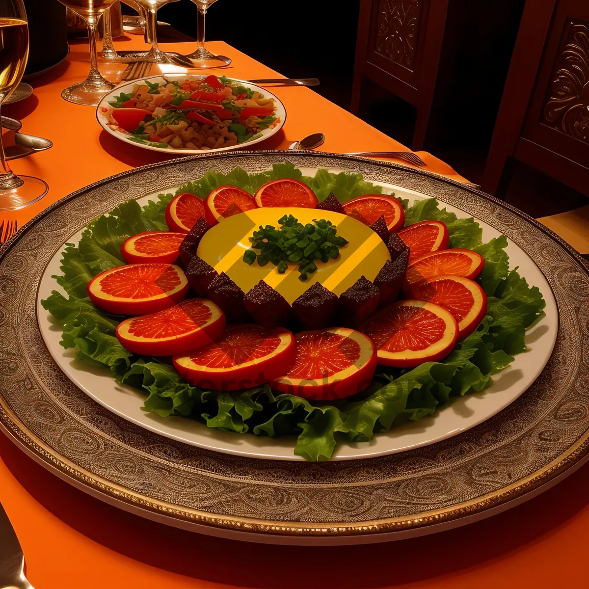 Picture of Delicious Gourmet Dinner Plate with Fresh Vegetables and Meat