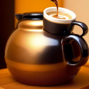 Hot coffee in black mug on table.