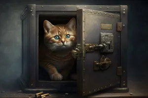 Playful tabby cat peeking out of safe box.