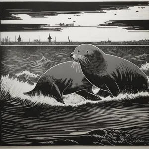 Eared Seal Swimming in the Wild Sea