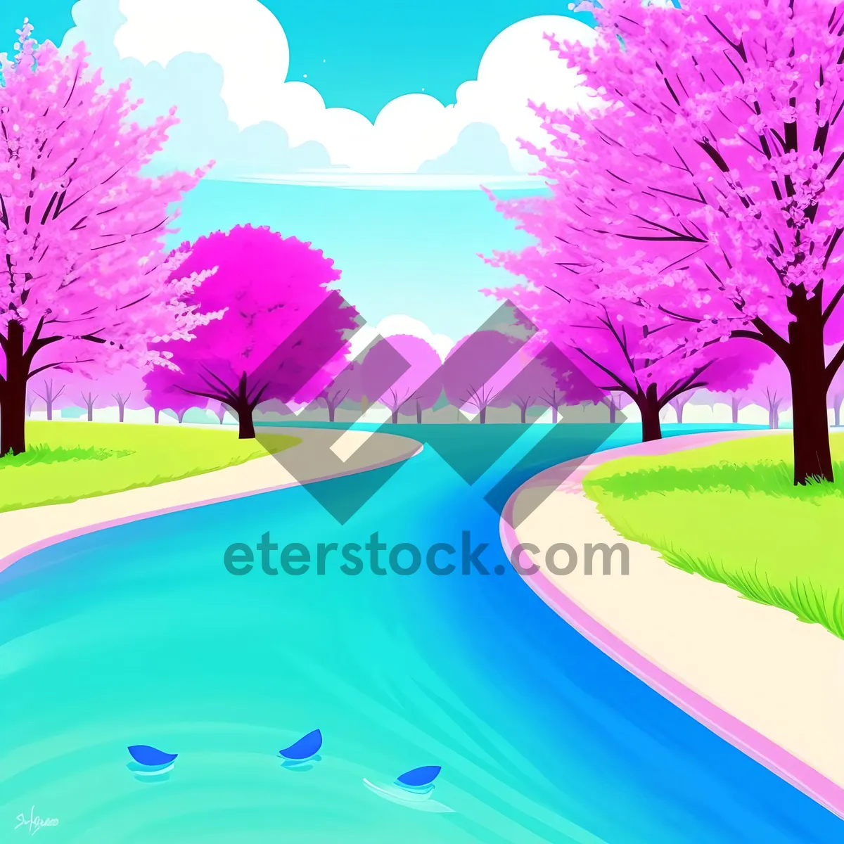 Picture of Vibrant Pink Sky Landscape with Sun and Meadow