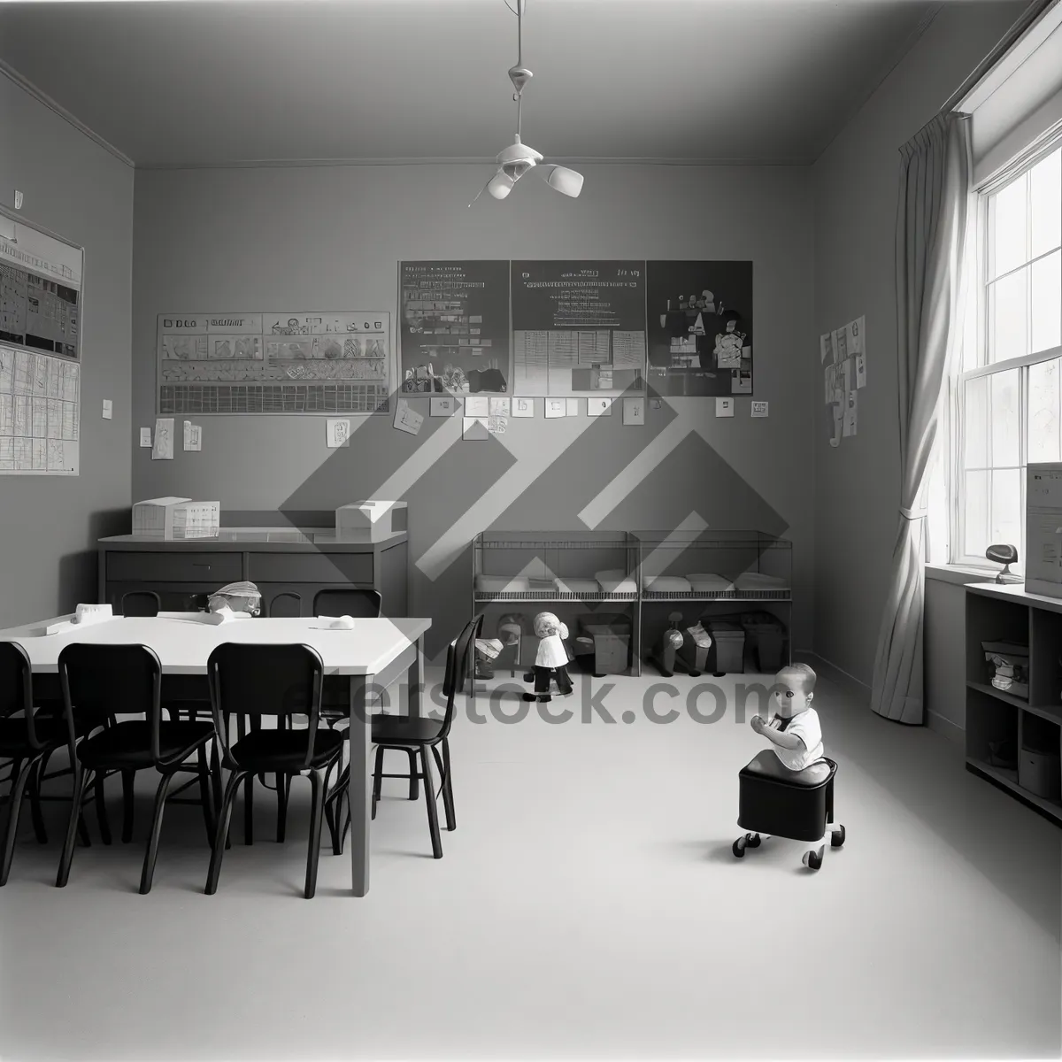 Picture of Modern Kitchen with Wood Counter and Lamp