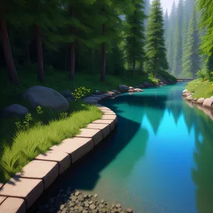 Serene river flowing through lush summer landscape