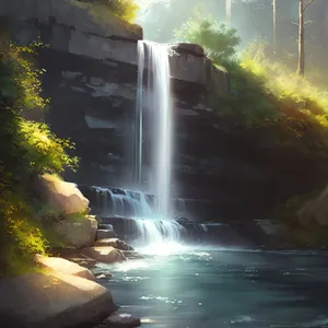 Serene Waterfall Flowing Through Lush Forest