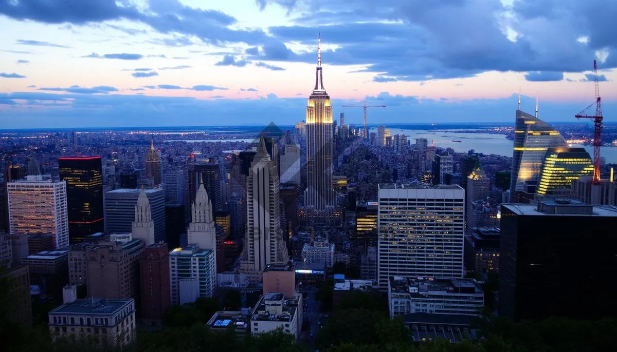 Picture of Modern skyscrapers in vibrant city center skyline at sunset