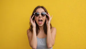 Attractive lady posing with sunglasses in studio portrait.