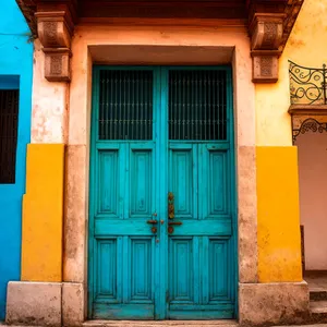 Vintage brick doorway in historic urban architecture.