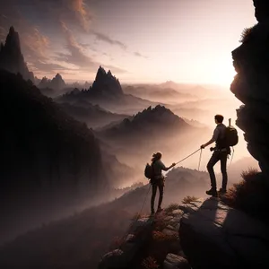 Adventurous Trekker Embracing Majestic Mountain Sunset