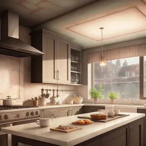 Сhic kitchen interior featuring trendy furniture, ample lighting, and fashionable accessories
