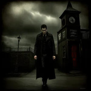 Trench Coat in Rainy Cityscape, Church Silhouette