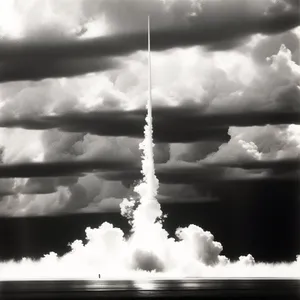 Powerful Nuclear Rocket Pierces Clouds in Industrial Sky