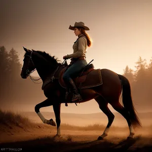 Silhouetted Cowboy Riding Stallion into the Sunset