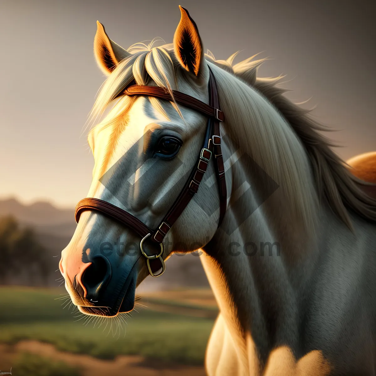 Picture of Brown Thoroughbred Stallion Grazing in Meadow.