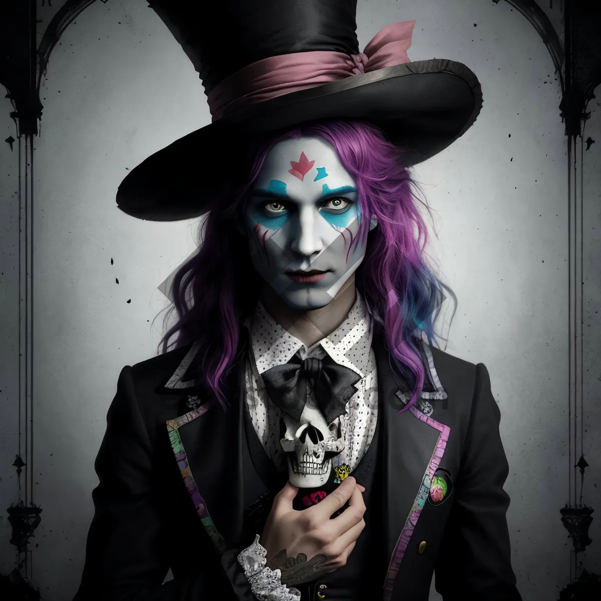 Picture of Fashionable mask party entertainer with black hat.