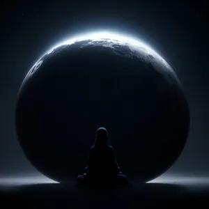Dark space fantasy with glowing planets and stars