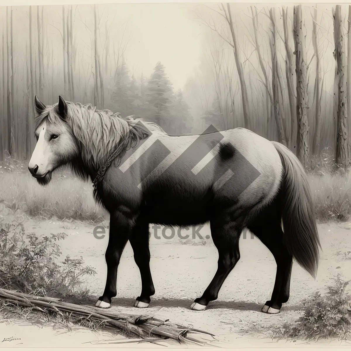 Picture of Thoroughbred Stallion Grazing in Rural Pasture