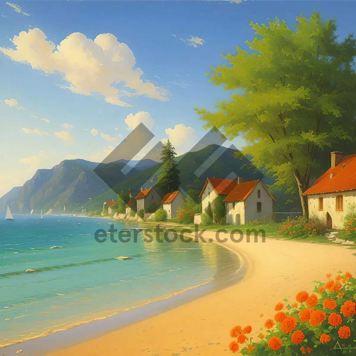 Picture of Tropical paradise beach with palm trees and waves