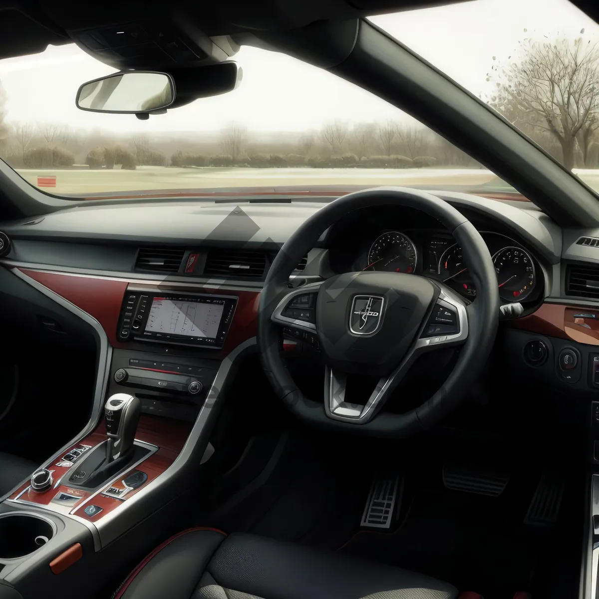 Picture of Car interior with steering wheel and speedometer.