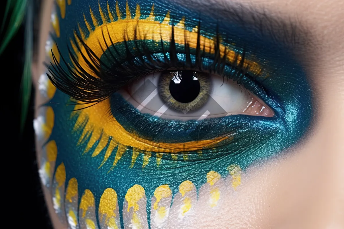 Picture of Closeup of bright eyemakeup with face mask