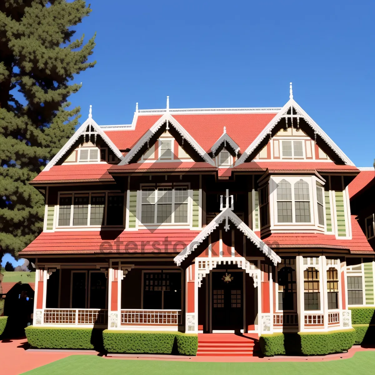 Picture of Brick Residence with Lush Lawn and Sky Background