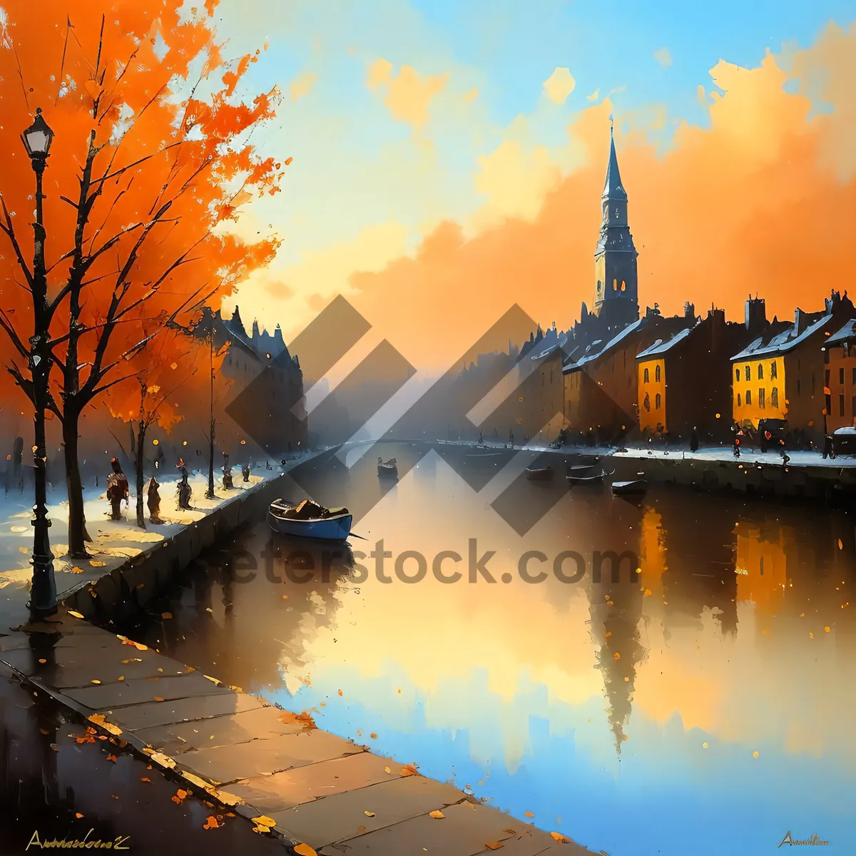 Picture of Cityscape with tower reflecting in the river at sunset