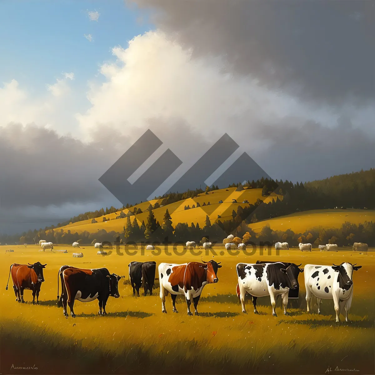 Picture of Summer Rural Landscape with Grazing Cows and Horses