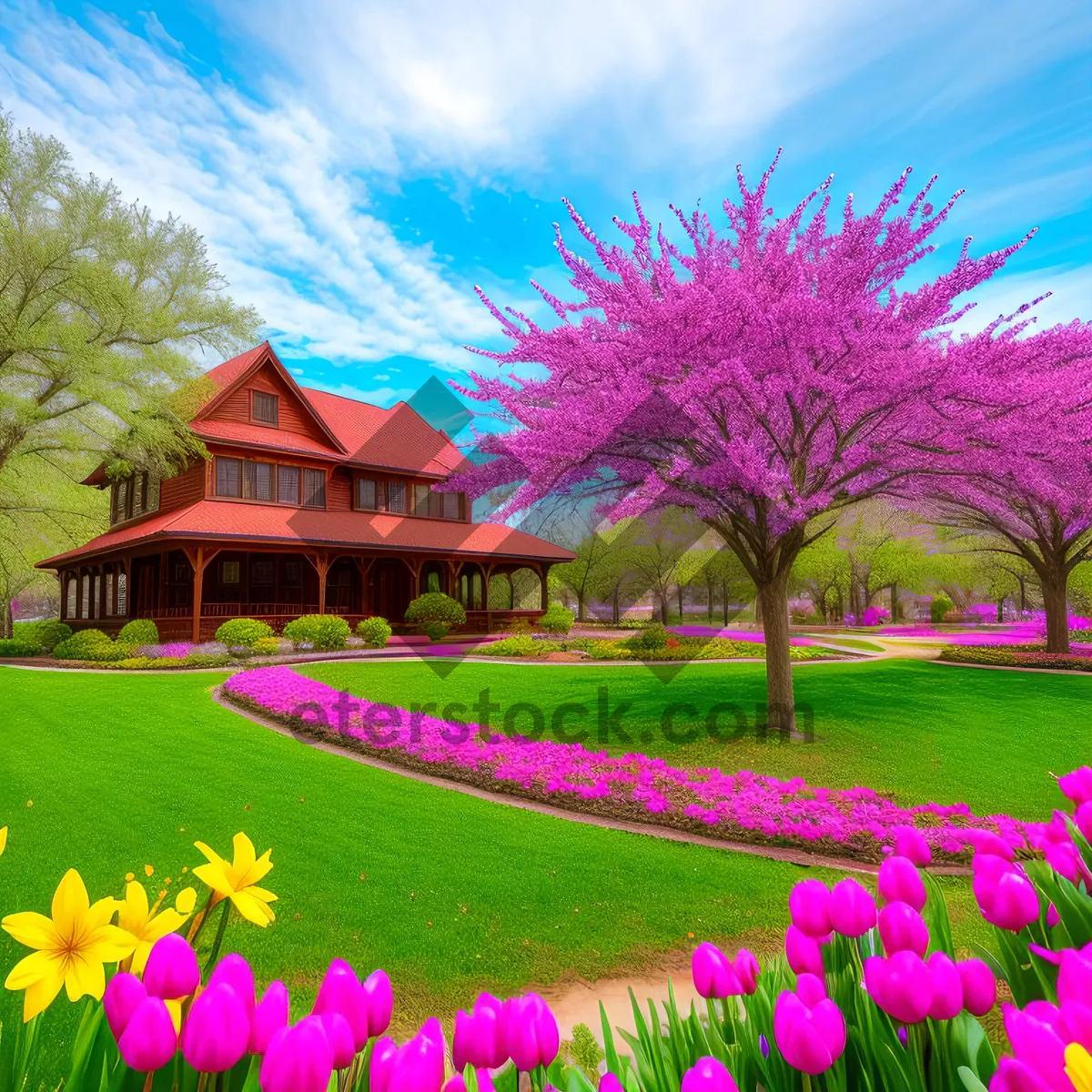 Picture of Colorful Tulips Blooming in Vibrant Garden