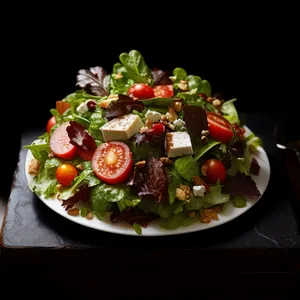 Fresh vegetarian salad with cherry tomatoes and olives.