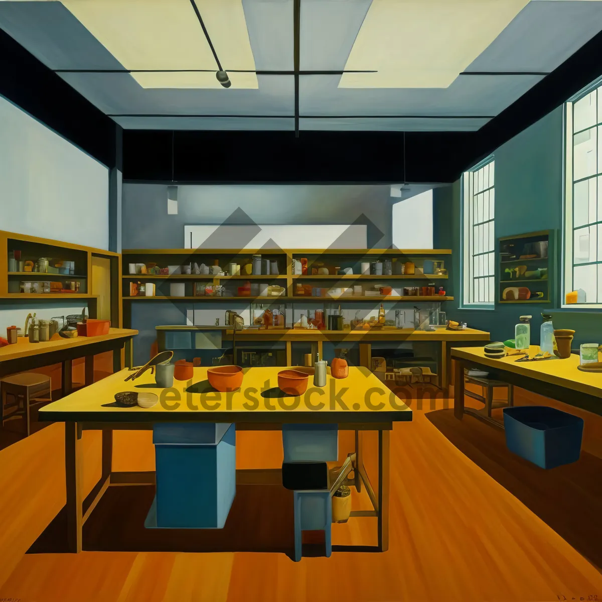 Picture of Modern restaurant interior design with wooden furniture.