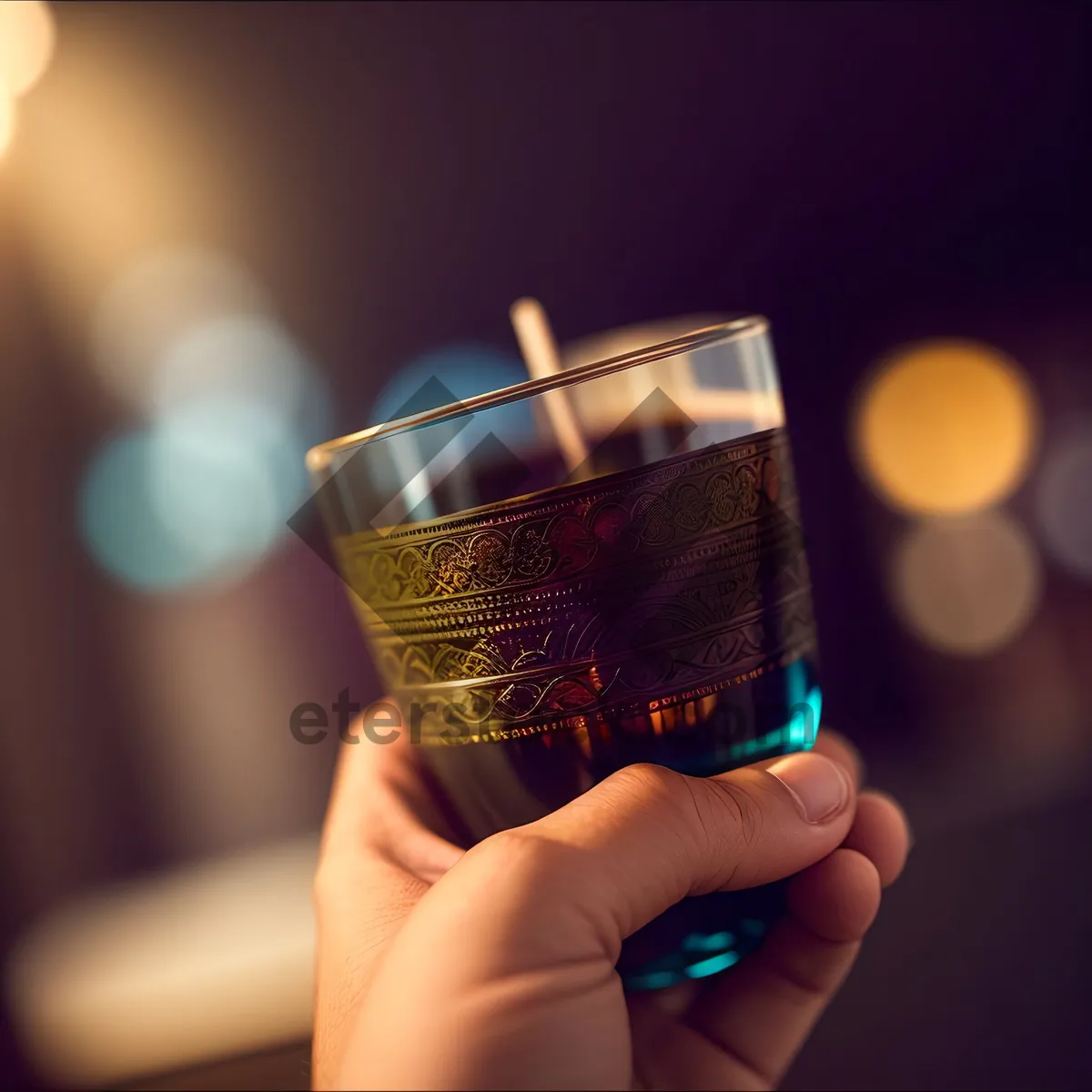 Picture of Hand holding champagne glass with microphone at party