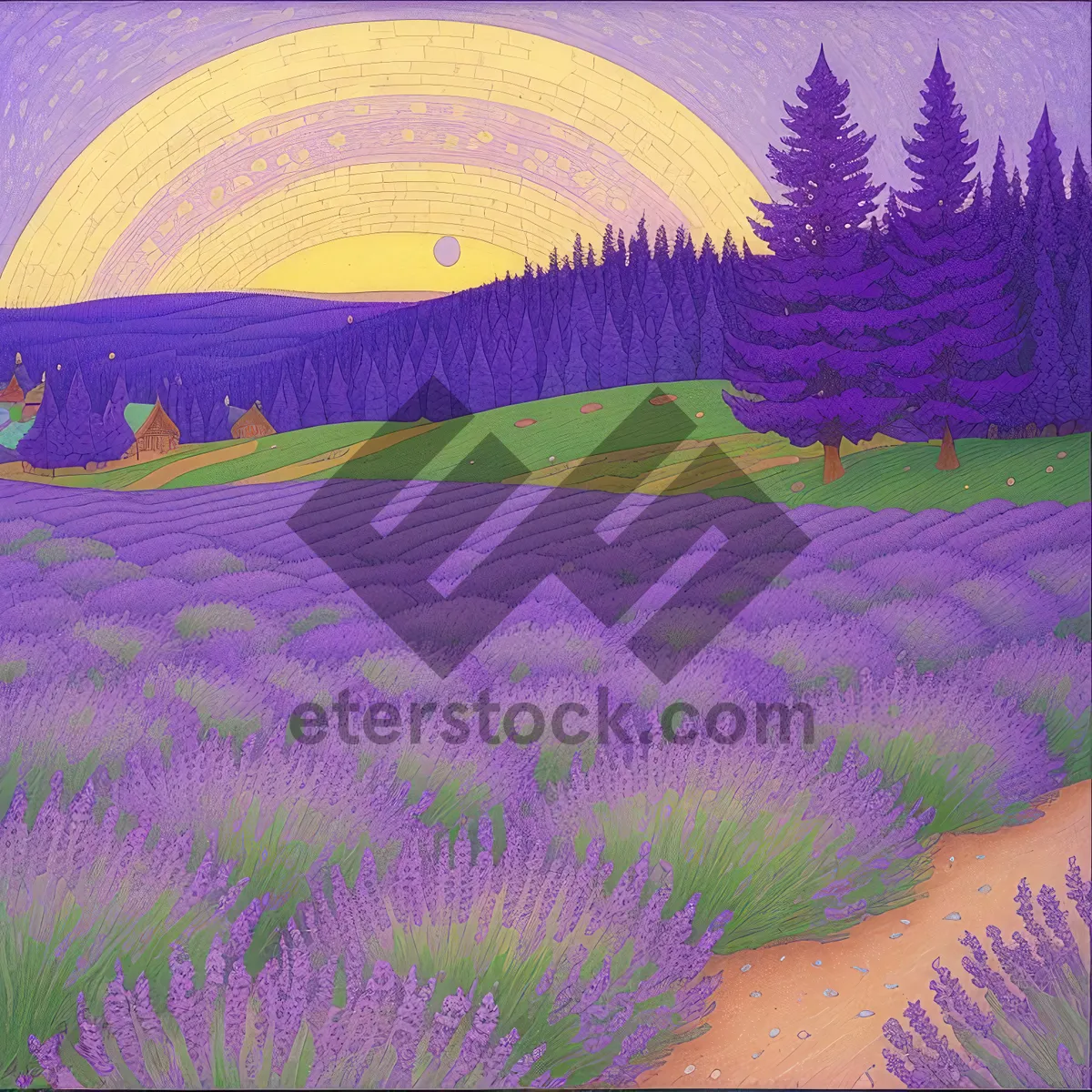 Picture of Colorful Lavender Field Artistic Flower Design