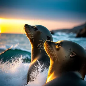 Golden Horizon: Serene Sunset on Beach with Soaring Albatross