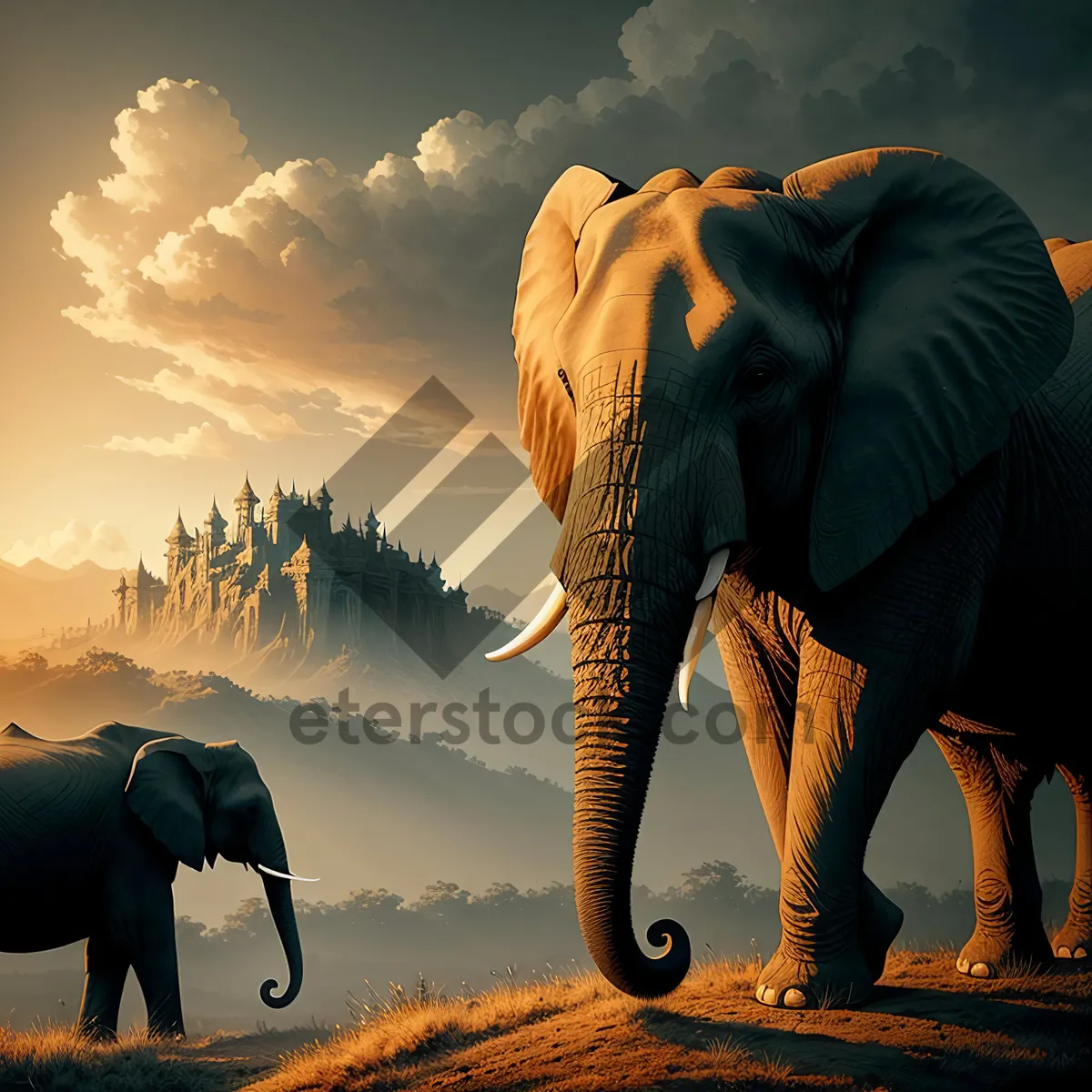 Picture of Majestic Sunset Reflection on Elephant Herd in National Park