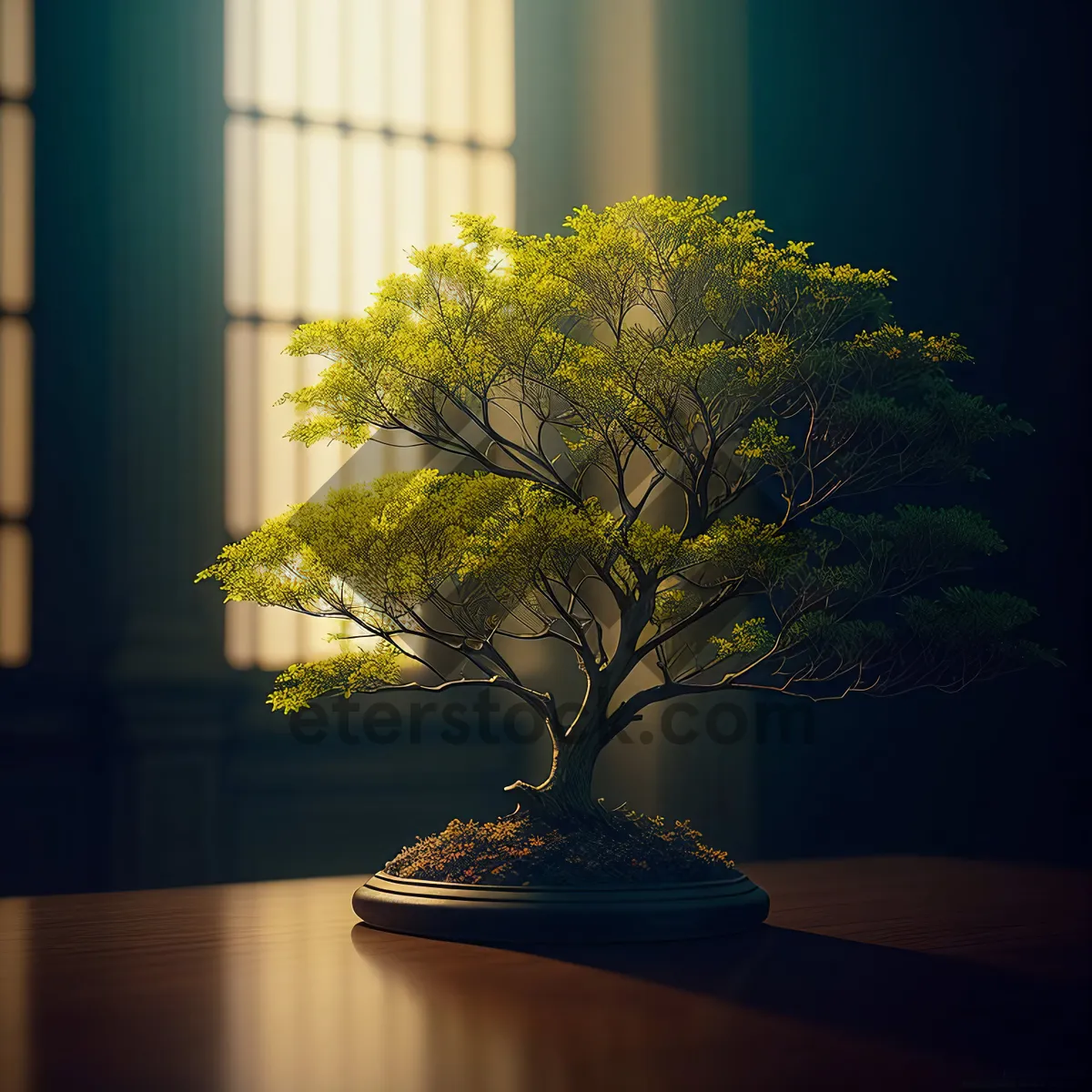 Picture of Bonsai tree on windowsill in vase