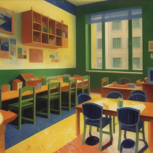 Modern Classroom Interior with Wooden Furniture