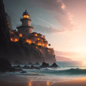 Coastal Sunset - Majestic Beacon Overlooking the Ocean