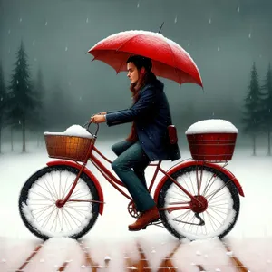 Man Riding Bicycle Under Umbrella