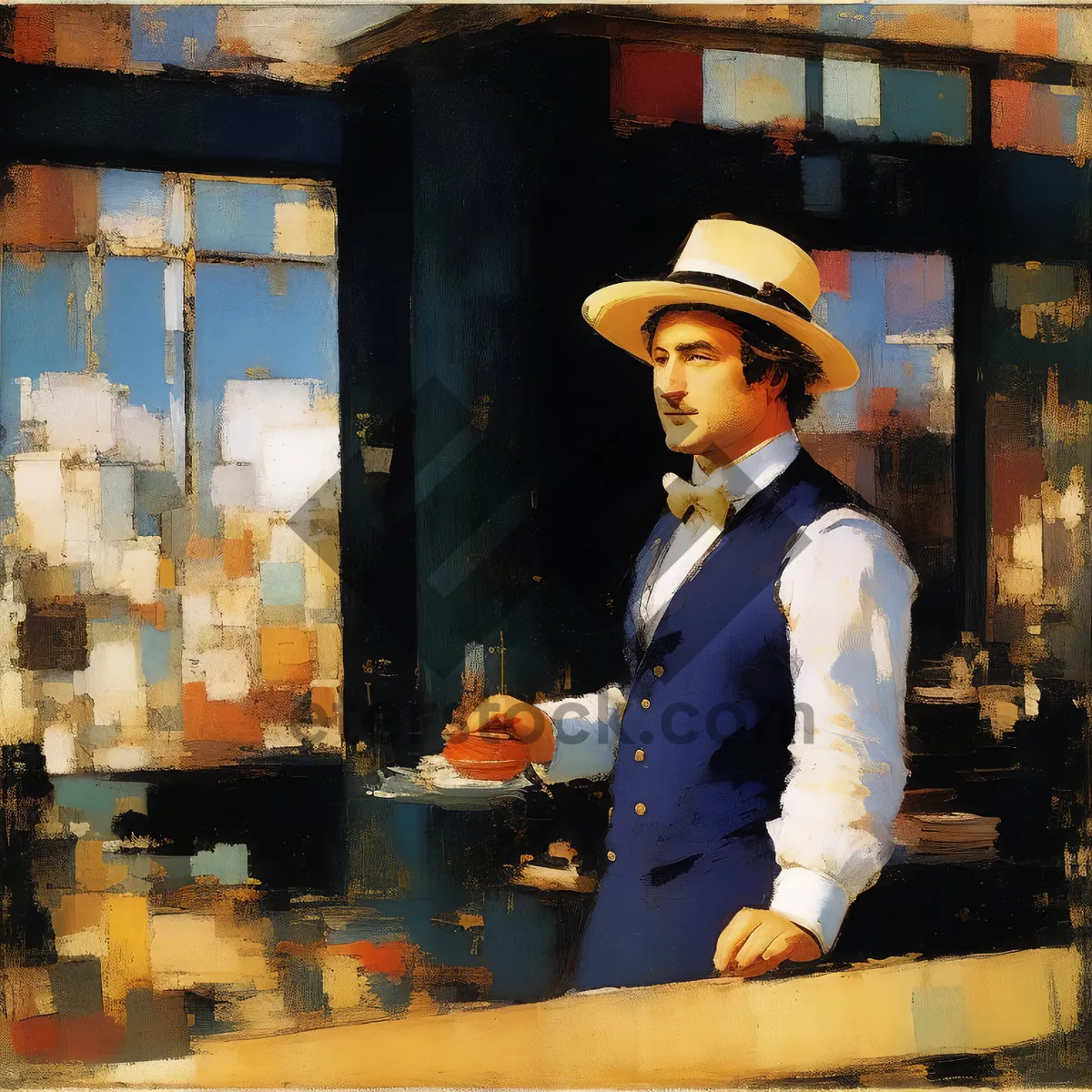 Picture of Happy male waiter in cowboy hat at work.