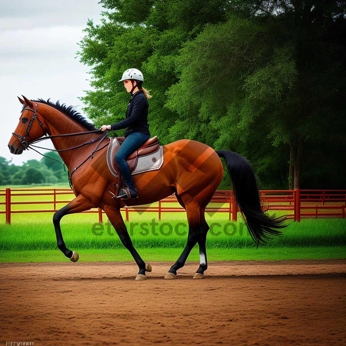 Picture of Thoroughbred stallion vaulting on grassy field.