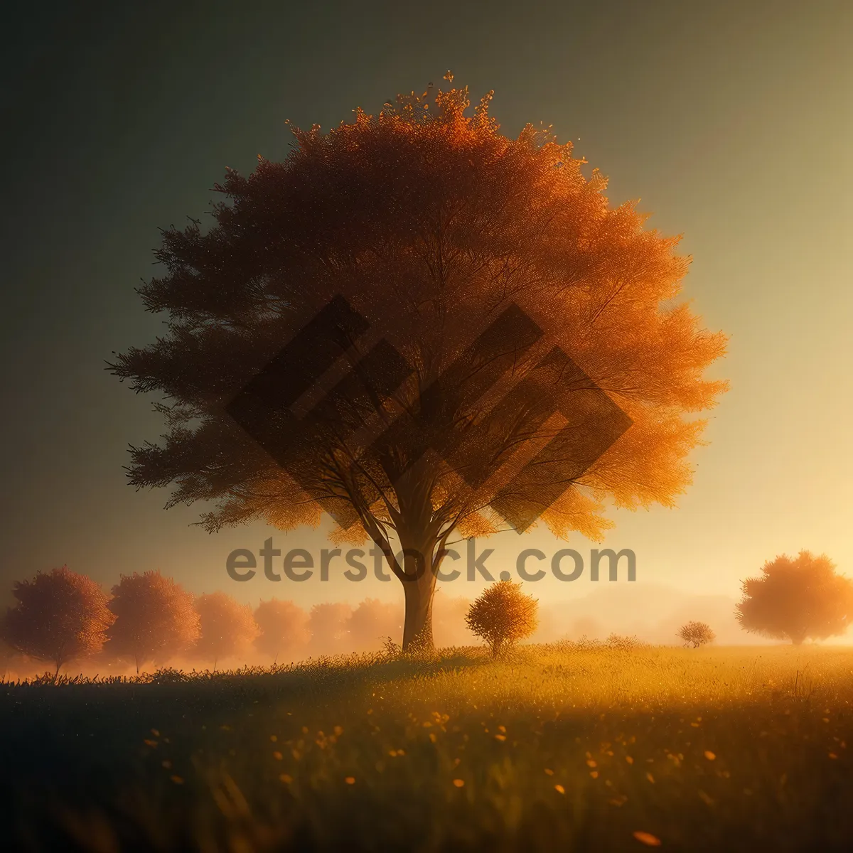 Picture of Golden Horizon: A Stunning Sunset Landscape With Silhouetted Trees Against a Colorful Sky