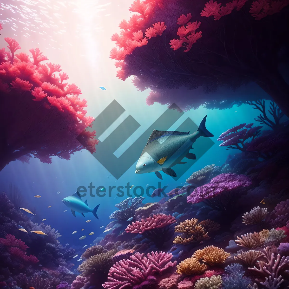Picture of Colorful Coral Reef with Exotic Fish in Sunlit Underwater Ocean