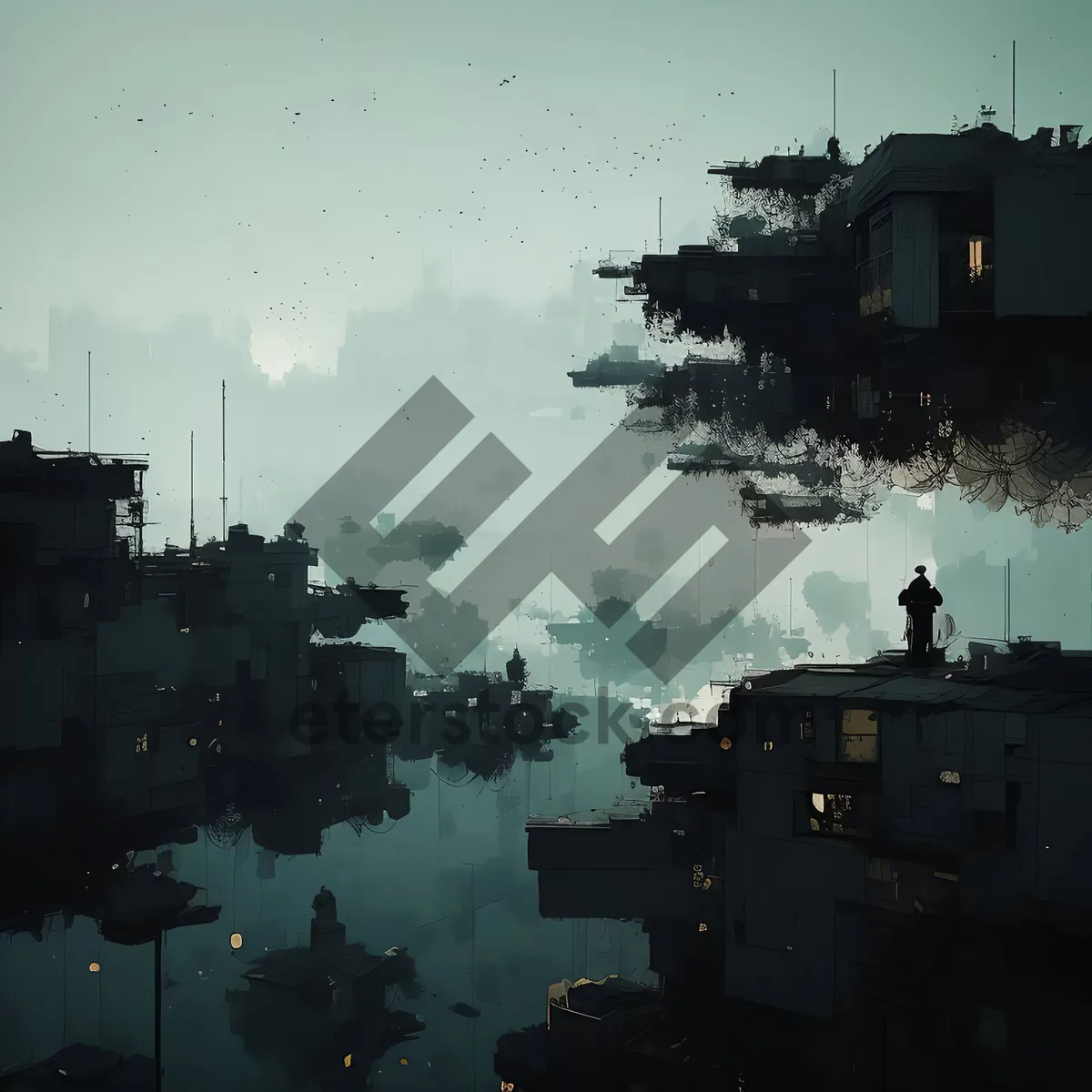 Picture of City Waterfront with Military Warship in Harbor