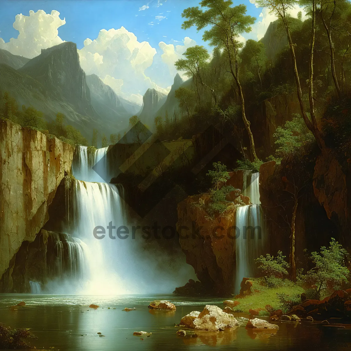 Picture of Serene Forest Waterfall amidst Majestic Mountains