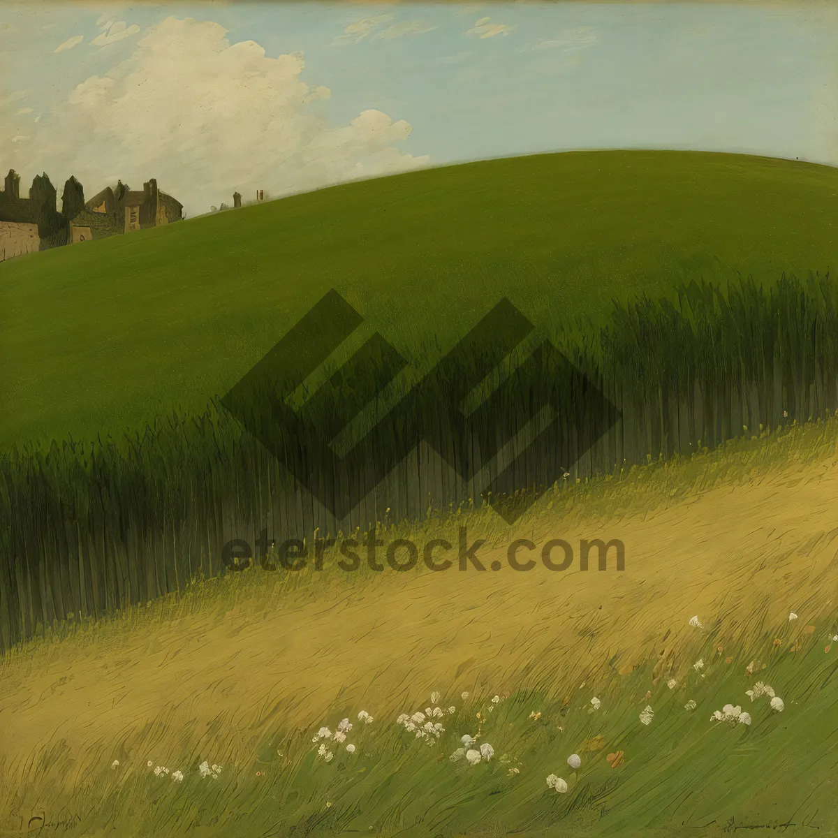 Picture of Tranquil lakeside landscape with sprinklers on a rural summer field